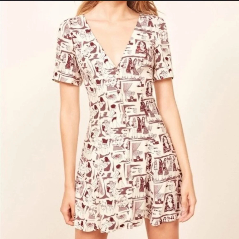 Reformation Cream and Burgundy Printed V‑Neck Mini Dress